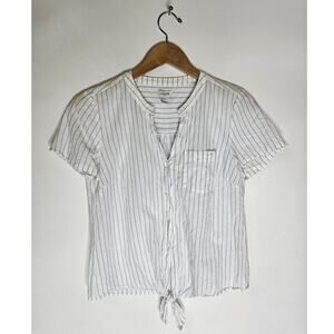 J Crew Mercantile Women's Short Sleeve V-Neck Blue Stripp Button Up Top Size XS